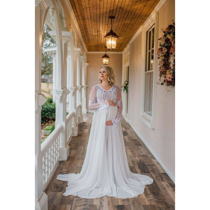 Ženska čipkasta spojena haljina s dugim rukavima za trudničko fotografiranje na prikolici za trudničku večer es