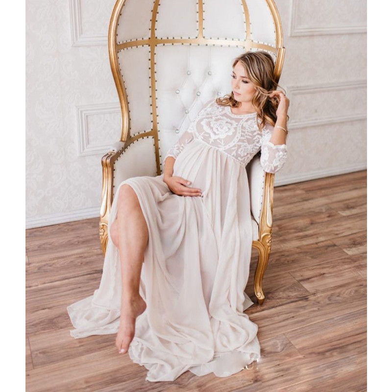 Ženska čipkasta spojena haljina s dugim rukavima za trudničko fotografiranje na prikolici za trudničku večer es