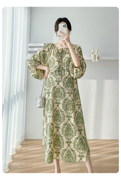 2024. aasta kevadsuvi rasedate naiste roheline lilleline kleit, latern, varrukas, retrotrükiga õhukesed vabad Boheemi rasedate rannakleidid