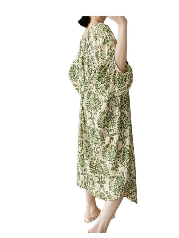 2024. aasta kevadsuvi rasedate naiste roheline lilleline kleit, latern, varrukas, retrotrükiga õhukesed vabad Boheemi rasedate rannakleidid