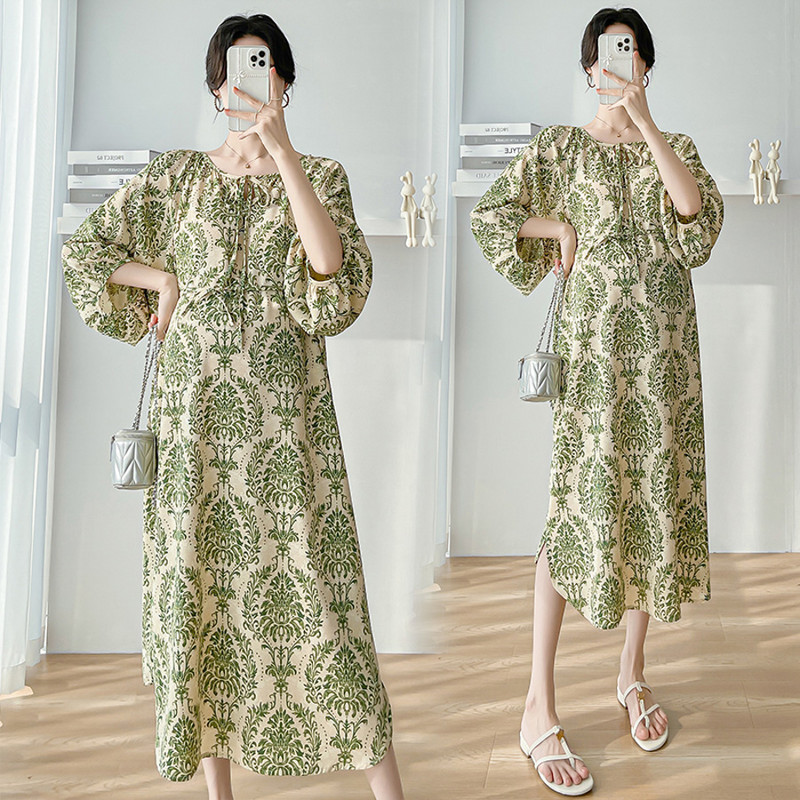 2024. aasta kevadsuvi rasedate naiste roheline lilleline kleit, latern, varrukas, retrotrükiga õhukesed vabad Boheemi rasedate rannakleidid