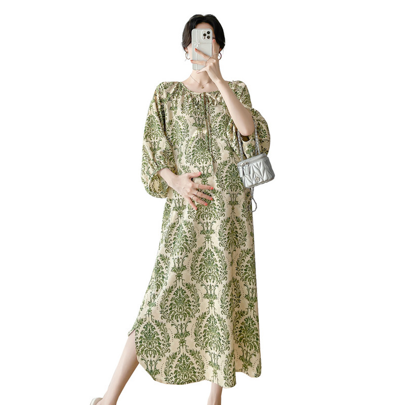 2024. aasta kevadsuvi rasedate naiste roheline lilleline kleit, latern, varrukas, retrotrükiga õhukesed vabad Boheemi rasedate rannakleidid