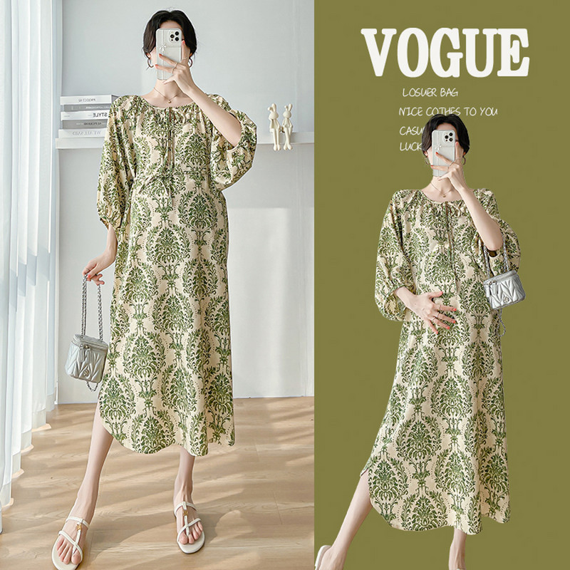 2024. aasta kevadsuvi rasedate naiste roheline lilleline kleit, latern, varrukas, retrotrükiga õhukesed vabad Boheemi rasedate rannakleidid
