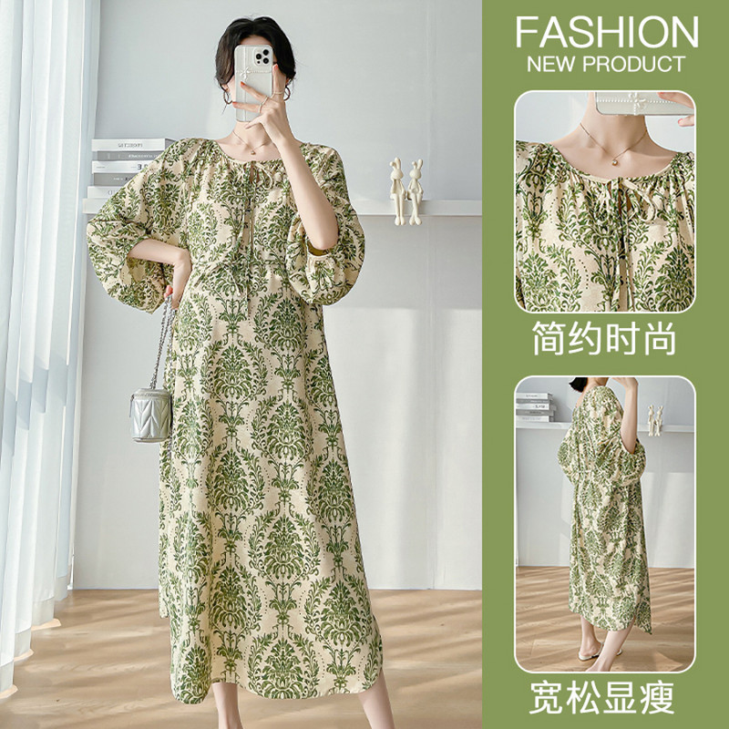 2024. aasta kevadsuvi rasedate naiste roheline lilleline kleit, latern, varrukas, retrotrükiga õhukesed vabad Boheemi rasedate rannakleidid