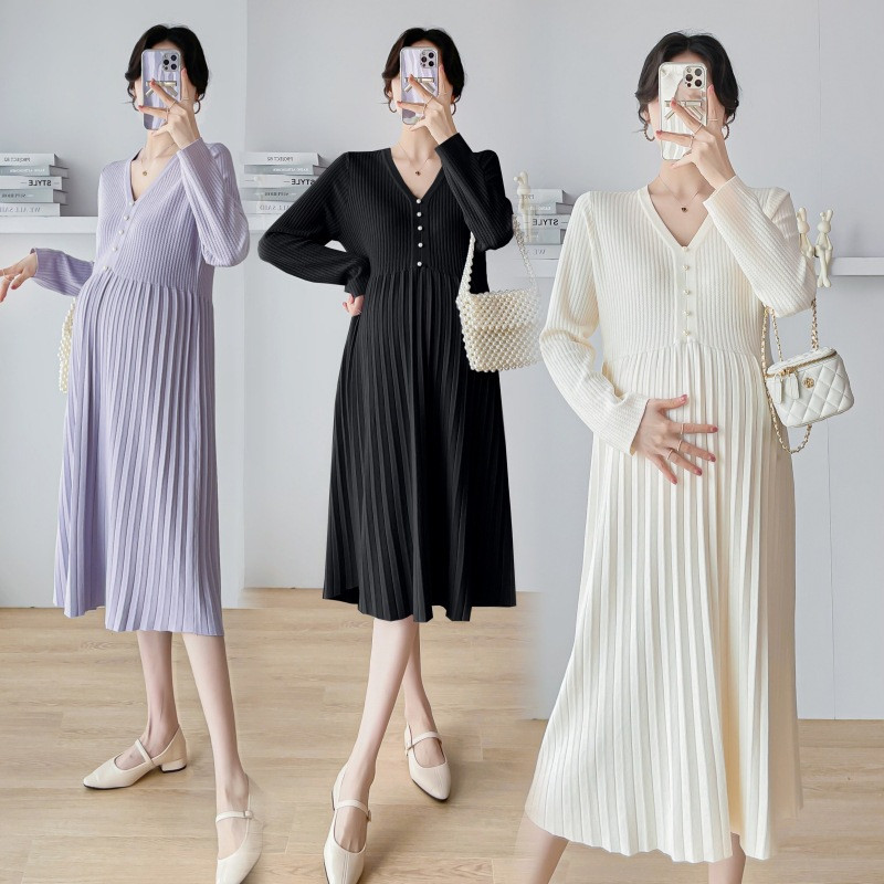 Rasedate kleidid 2024 Naiste kevad 2024 Uued moodsad V-kaelusega villased rasedariided Elegantsed šikid ühevärvilised korea stiilis
