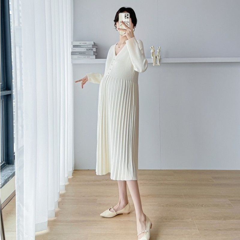 Rasedate kleidid 2024 Naiste kevad 2024 Uued moodsad V-kaelusega villased rasedariided Elegantsed šikid ühevärvilised korea stiilis