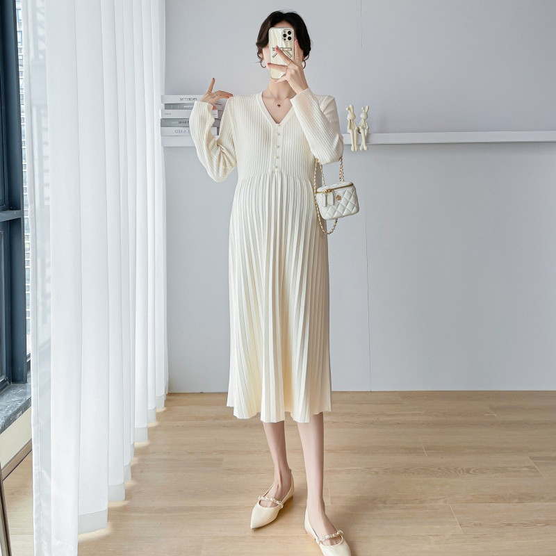 Rasedate kleidid 2024 Naiste kevad 2024 Uued moodsad V-kaelusega villased rasedariided Elegantsed šikid ühevärvilised korea stiilis