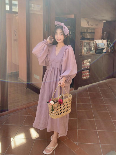 2024. gada pavasaris un vasara japāņu stila pasaku purpursarkana grūtnieču kleita ar augstu vidukli bez atzveltnes, leļļu kleitas, grūtniecēm