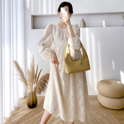 2024. gada pavasara modes, brīva kleita grūtniecēm, garām, laternām piedurknēm ar O veida kakla izgriezumu, ar augstu vidukli, grūtnieču šifona kleita Princeses