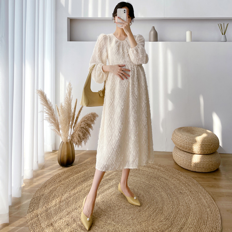 2024. gada pavasara modes, brīva kleita grūtniecēm, garām, laternām piedurknēm ar O veida kakla izgriezumu, ar augstu vidukli, grūtnieču šifona kleita Princeses