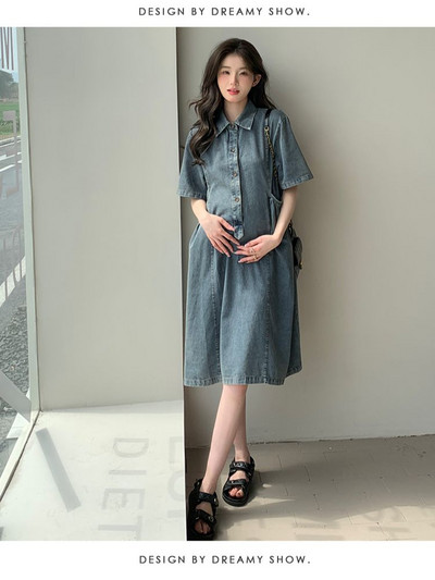 2024. gada vasaras grūtnieču džinsa kleita ar īsām piedurknēm, nolaižamām piedurknēm, poga, muša grūtniecei, kokvilnas kleita, retro stila kleitas grūtniecēm