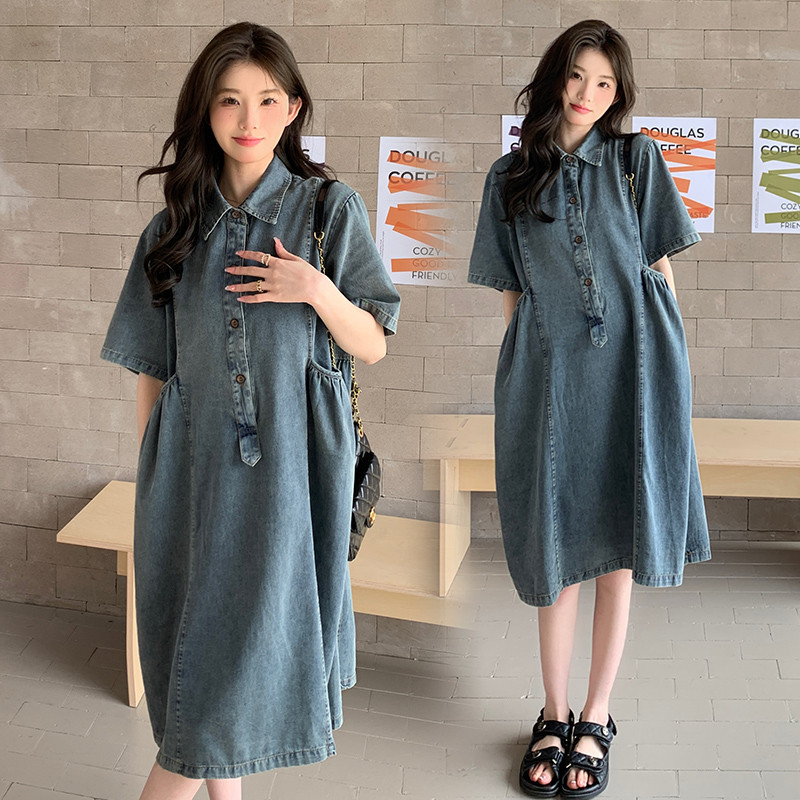 2024. gada vasaras grūtnieču džinsa kleita ar īsām piedurknēm, nolaižamām piedurknēm, poga, muša grūtniecei, kokvilnas kleita, retro stila kleitas grūtniecēm