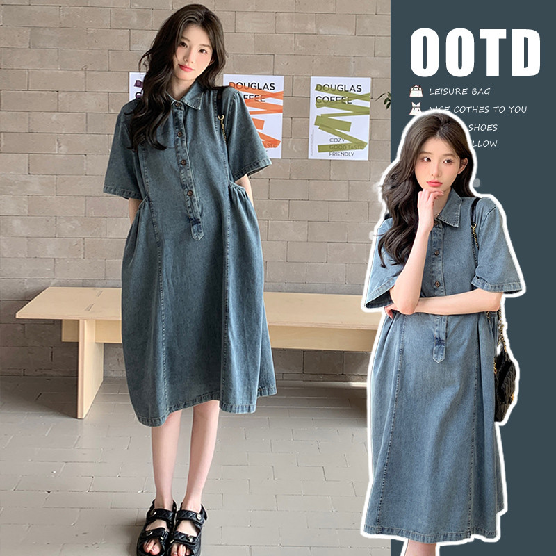 2024. gada vasaras grūtnieču džinsa kleita ar īsām piedurknēm, nolaižamām piedurknēm, poga, muša grūtniecei, kokvilnas kleita, retro stila kleitas grūtniecēm