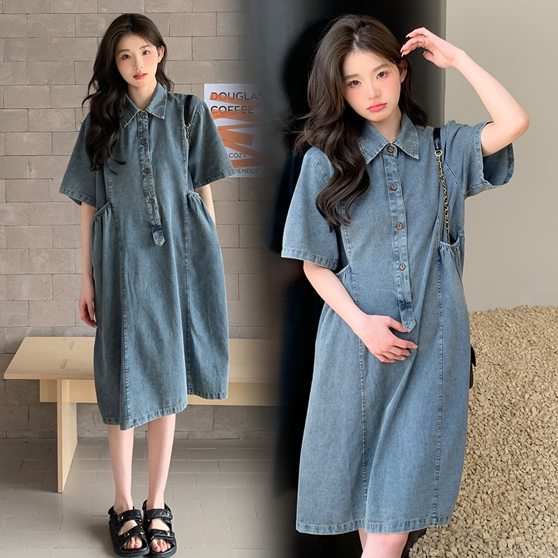 2024. gada vasaras grūtnieču džinsa kleita ar īsām piedurknēm, nolaižamām piedurknēm, poga, muša grūtniecei, kokvilnas kleita, retro stila kleitas grūtniecēm