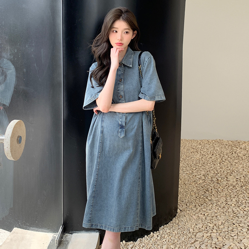 2024. gada vasaras grūtnieču džinsa kleita ar īsām piedurknēm, nolaižamām piedurknēm, poga, muša grūtniecei, kokvilnas kleita, retro stila kleitas grūtniecēm