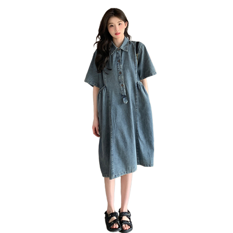 2024. gada vasaras grūtnieču džinsa kleita ar īsām piedurknēm, nolaižamām piedurknēm, poga, muša grūtniecei, kokvilnas kleita, retro stila kleitas grūtniecēm