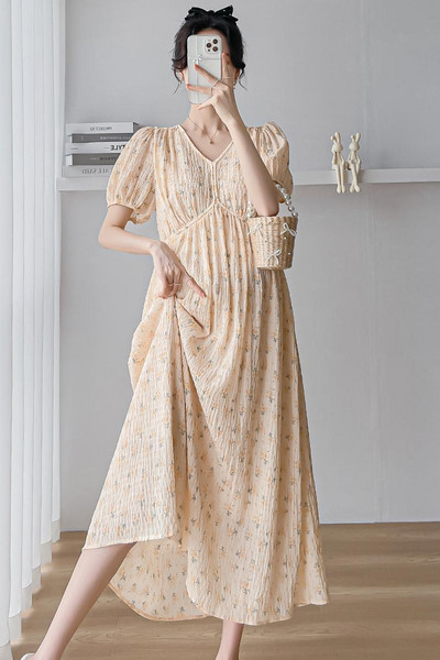 2024. aasta suvine rasedate lilleline kleit puhvis varrukatega V-kaelusega rasedale šifoonist kleit, pikk, avar rasedusaegne plisseeritud rannakleit armas