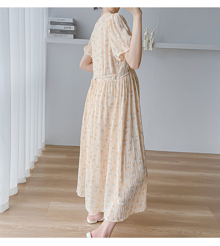 2024. aasta suvine rasedate lilleline kleit puhvis varrukatega V-kaelusega rasedale šifoonist kleit, pikk, avar rasedusaegne plisseeritud rannakleit armas