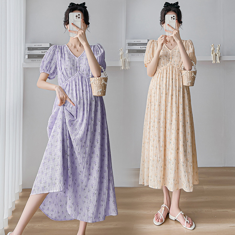2024. aasta suvine rasedate lilleline kleit puhvis varrukatega V-kaelusega rasedale šifoonist kleit, pikk, avar rasedusaegne plisseeritud rannakleit armas