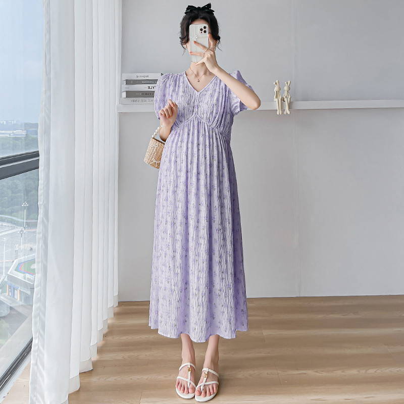 2024. aasta suvine rasedate lilleline kleit puhvis varrukatega V-kaelusega rasedale šifoonist kleit, pikk, avar rasedusaegne plisseeritud rannakleit armas