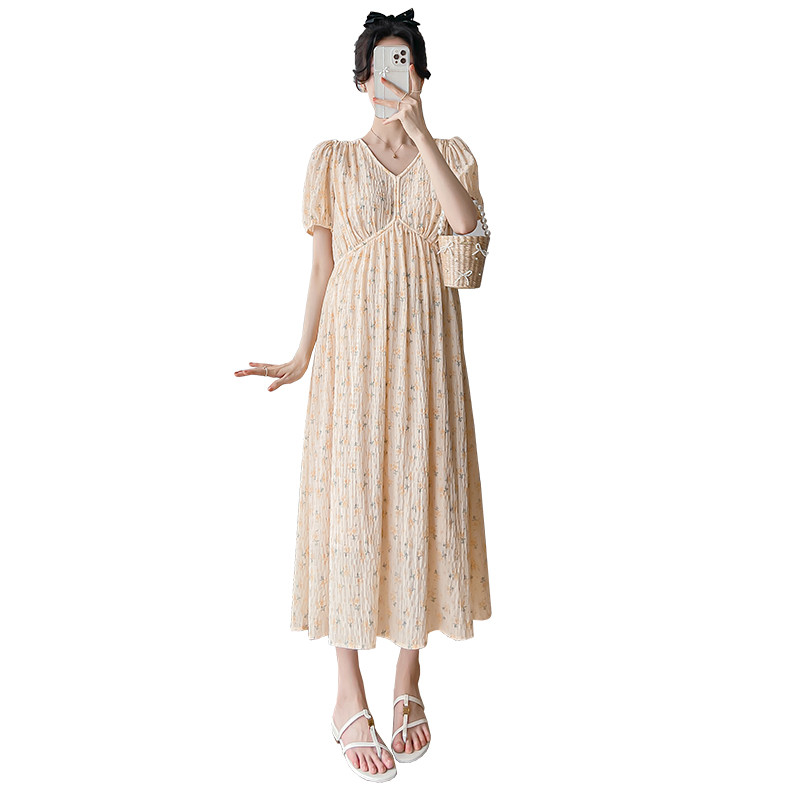 2024. aasta suvine rasedate lilleline kleit puhvis varrukatega V-kaelusega rasedale šifoonist kleit, pikk, avar rasedusaegne plisseeritud rannakleit armas