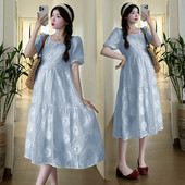 2024. Ljetna trudnička lijepa haljina s izvezenom ružom i četvrtastim ovratnikom Čipkasta haljina za trudnice Slatka trudnička haljina za zabavu, plavo bež