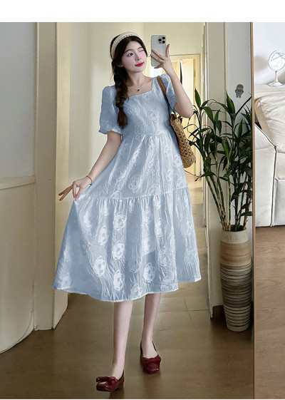 2024. Ljetna trudnička lijepa haljina s izvezenom ružom i četvrtastim ovratnikom Čipkasta haljina za trudnice Slatka trudnička haljina za zabavu, plavo bež