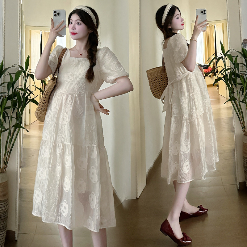 2024. Ljetna trudnička lijepa haljina s izvezenom ružom i četvrtastim ovratnikom Čipkasta haljina za trudnice Slatka trudnička haljina za zabavu, plavo bež