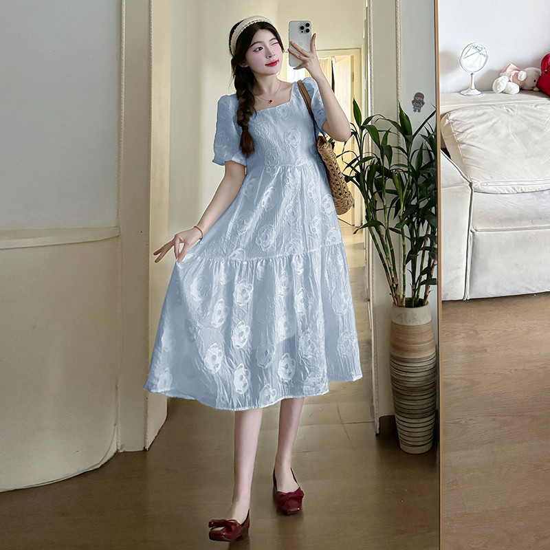 2024. Ljetna trudnička lijepa haljina s izvezenom ružom i četvrtastim ovratnikom Čipkasta haljina za trudnice Slatka trudnička haljina za zabavu, plavo bež