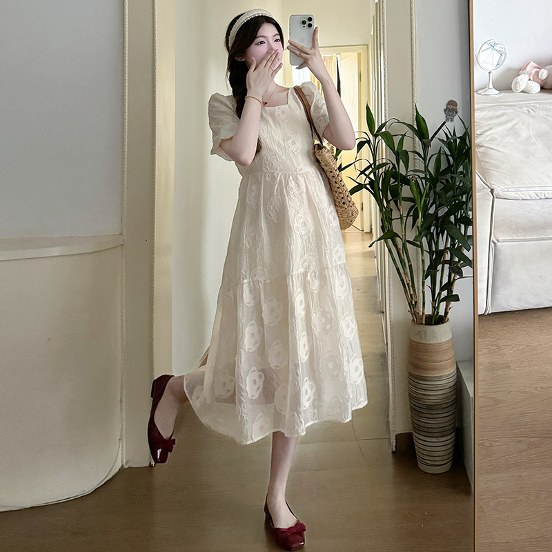 2024. Ljetna trudnička lijepa haljina s izvezenom ružom i četvrtastim ovratnikom Čipkasta haljina za trudnice Slatka trudnička haljina za zabavu, plavo bež