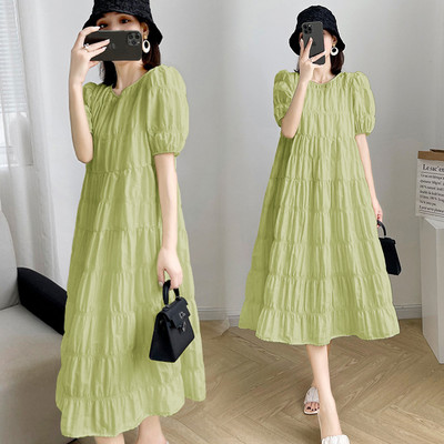 2024-es nyári kismama pliszírozott ruha, egyszínű, bő terhes női hosszú ruha, rövid ujjú, nagy méretű, báli terhesruha