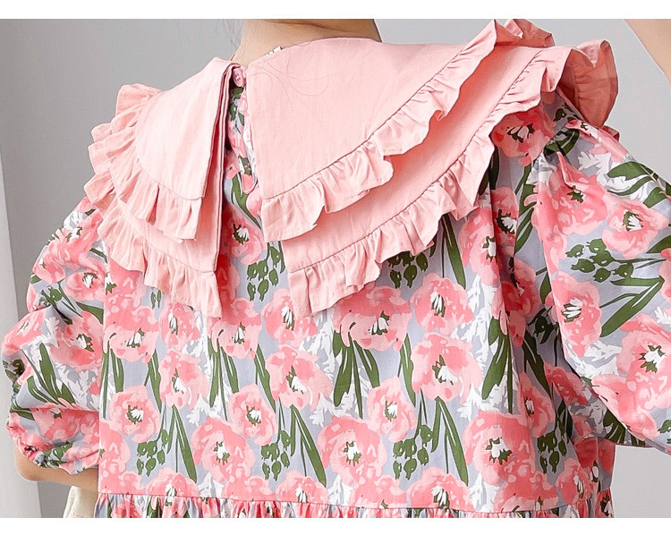 Korea stiilis kahekihiline Peter Pan krae, puhvis varrukas, suures suuruses rasedale lilleline kleit põlvedeni avar raseduskleit