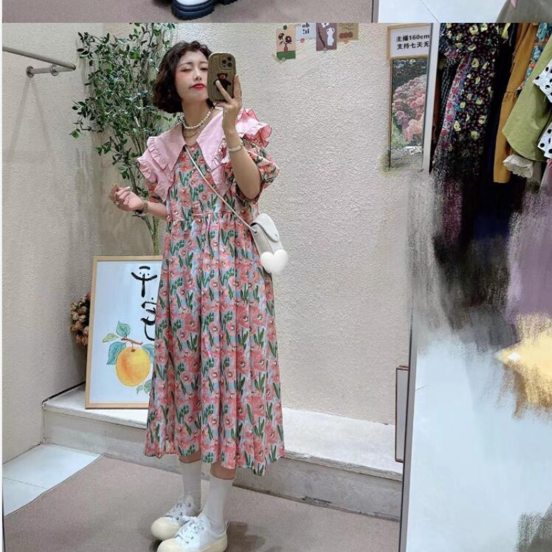 Korea stiilis kahekihiline Peter Pan krae, puhvis varrukas, suures suuruses rasedale lilleline kleit põlvedeni avar raseduskleit