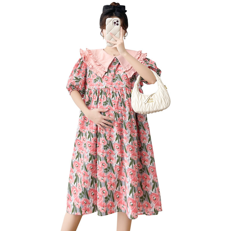 Korea stiilis kahekihiline Peter Pan krae, puhvis varrukas, suures suuruses rasedale lilleline kleit põlvedeni avar raseduskleit