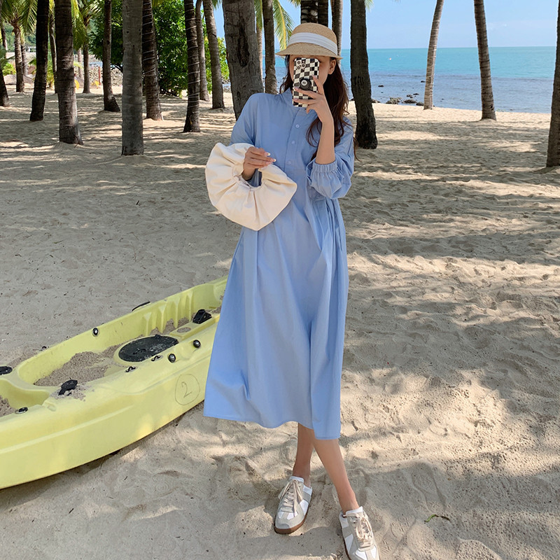 2024. aasta kevadine rasedate naiste puuvillane kleit Denimsinine püstkrae kõrge vöökohaga rasedate teksakleit Preppy stiilis raseduskleit