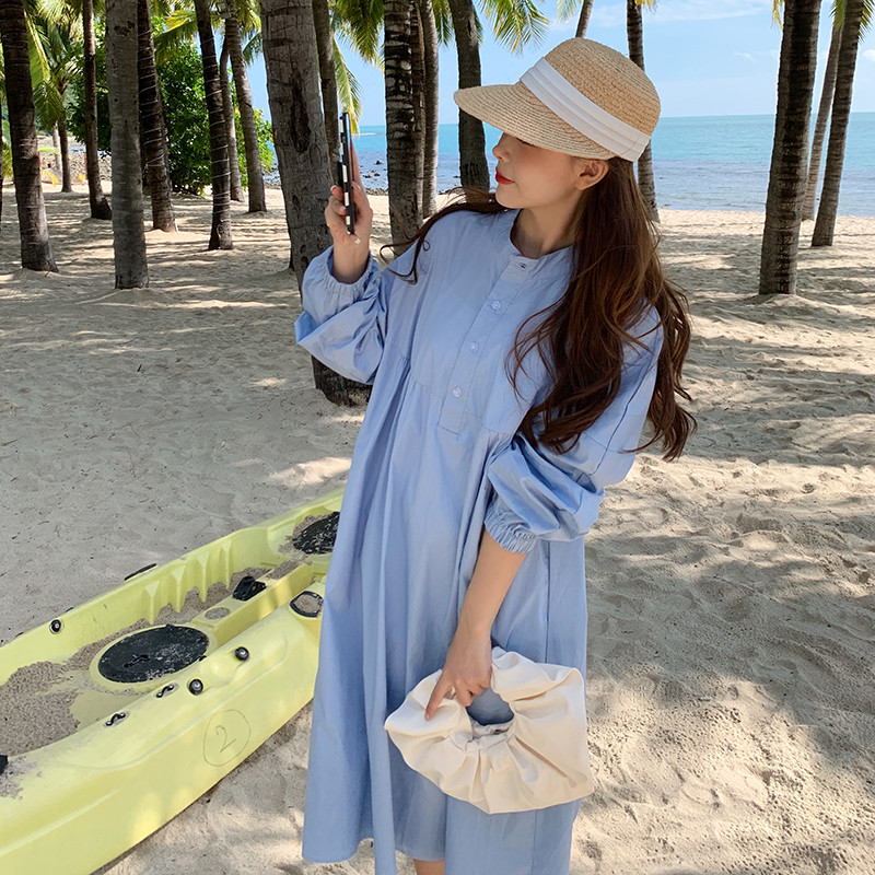 2024. aasta kevadine rasedate naiste puuvillane kleit Denimsinine püstkrae kõrge vöökohaga rasedate teksakleit Preppy stiilis raseduskleit