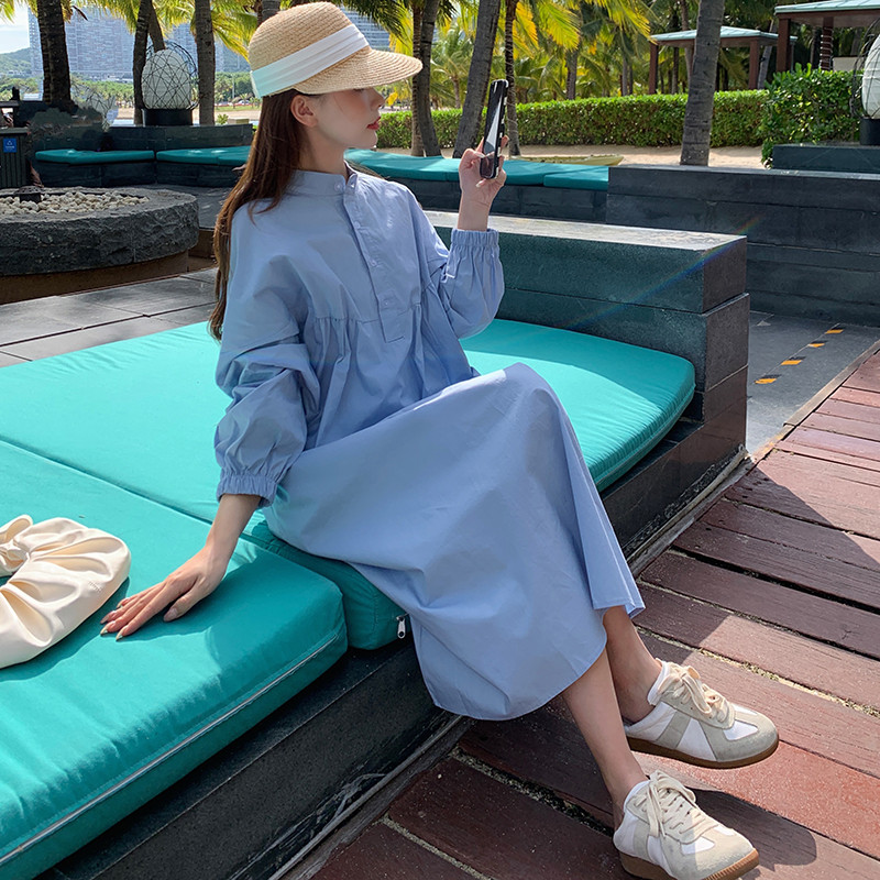 2024. aasta kevadine rasedate naiste puuvillane kleit Denimsinine püstkrae kõrge vöökohaga rasedate teksakleit Preppy stiilis raseduskleit