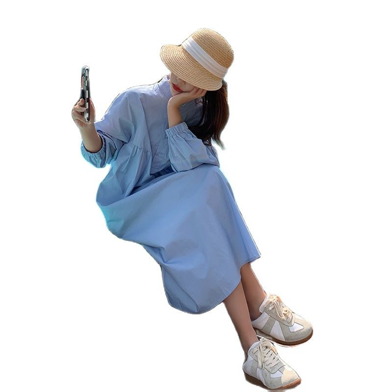 2024. aasta kevadine rasedate naiste puuvillane kleit Denimsinine püstkrae kõrge vöökohaga rasedate teksakleit Preppy stiilis raseduskleit