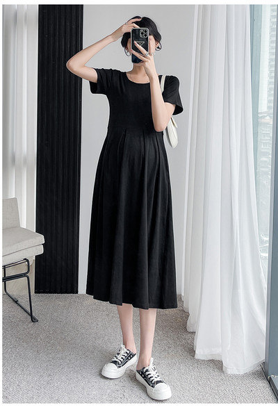 Korea stiilis moe suvine rasedate kleit O-kaelusega lühikeste varrukatega, vaba vabaaja rasedate plisseeritud kleit rasedusriided