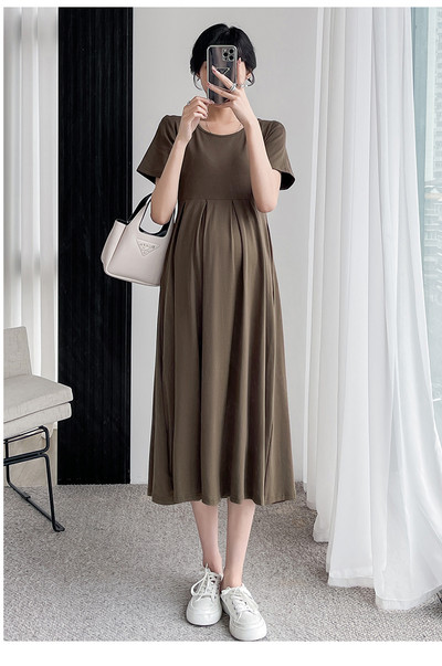 Korea stiilis moe suvine rasedate kleit O-kaelusega lühikeste varrukatega, vaba vabaaja rasedate plisseeritud kleit rasedusriided