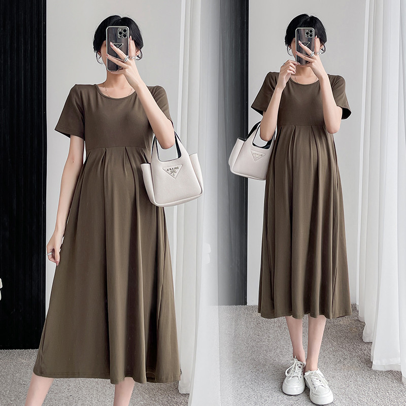 Korea stiilis moe suvine rasedate kleit O-kaelusega lühikeste varrukatega, vaba vabaaja rasedate plisseeritud kleit rasedusriided