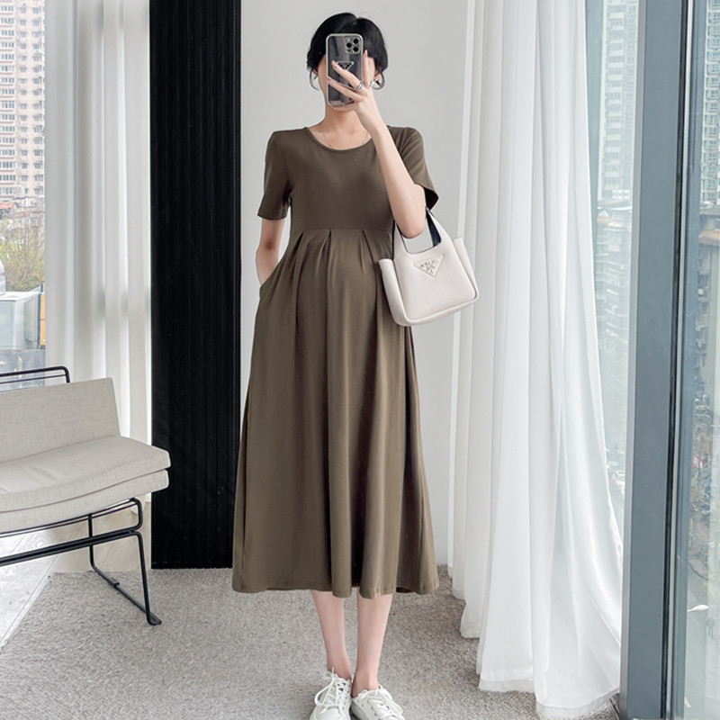 Korea stiilis moe suvine rasedate kleit O-kaelusega lühikeste varrukatega, vaba vabaaja rasedate plisseeritud kleit rasedusriided