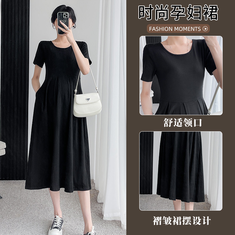 Korea stiilis moe suvine rasedate kleit O-kaelusega lühikeste varrukatega, vaba vabaaja rasedate plisseeritud kleit rasedusriided
