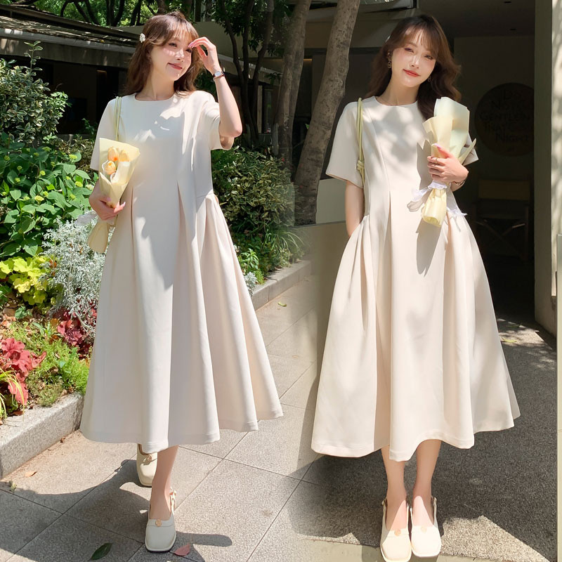 Suvine Korea stiilis raseda naise elegantne kleit lühikeste varrukatega O-kaelusega moodne rasedate plisseeritud kleit Suures suuruses rasedatele mõeldud riided