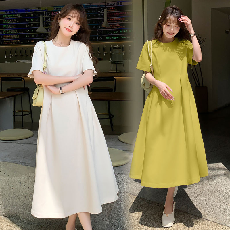 Suvine Korea stiilis raseda naise elegantne kleit lühikeste varrukatega O-kaelusega moodne rasedate plisseeritud kleit Suures suuruses rasedatele mõeldud riided