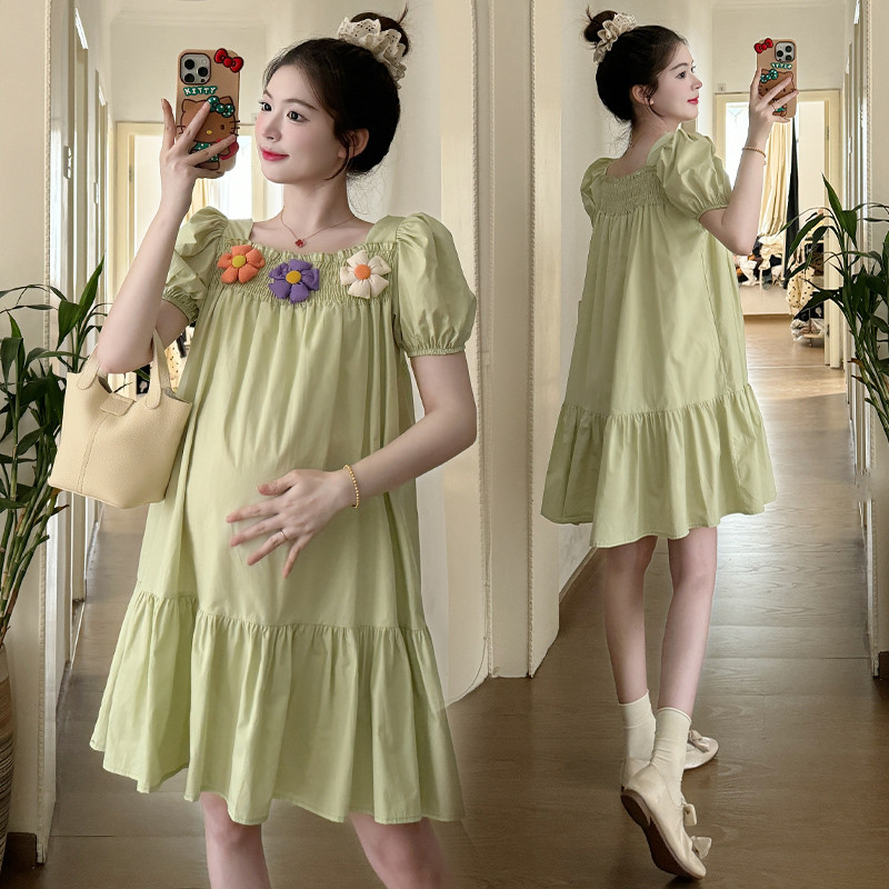 Ljeto 2024. u francuskom stilu, haljina za trudnice s kvadratnim ovratnikom i mjehurićima, slatka haljina s ribljim repom za trudnice i aplikacijama