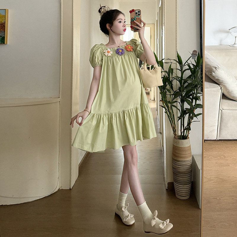 Ljeto 2024. u francuskom stilu, haljina za trudnice s kvadratnim ovratnikom i mjehurićima, slatka haljina s ribljim repom za trudnice i aplikacijama