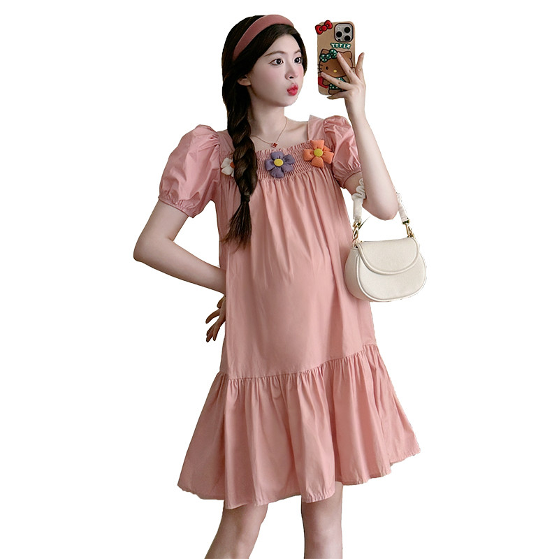 Ljeto 2024. u francuskom stilu, haljina za trudnice s kvadratnim ovratnikom i mjehurićima, slatka haljina s ribljim repom za trudnice i aplikacijama