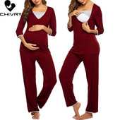 Jauns grūtnieču pidžamas komplekts grūtniecēm sievietēm ar garām piedurknēm, barojot bērnu ar krūti, T-kreklu topi + regulējamas bikses pidžamas guļamveļa