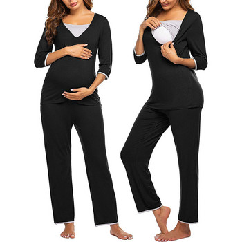Νέο Σετ Πυτζάμες Εγκύων Μητρότητας Μακρυμάνικο μπλουζάκι Θηλασμού Θηλασμού Μπλουζάκι + Ρυθμιζόμενο παντελόνι Πιτζάμες Πυτζάμες